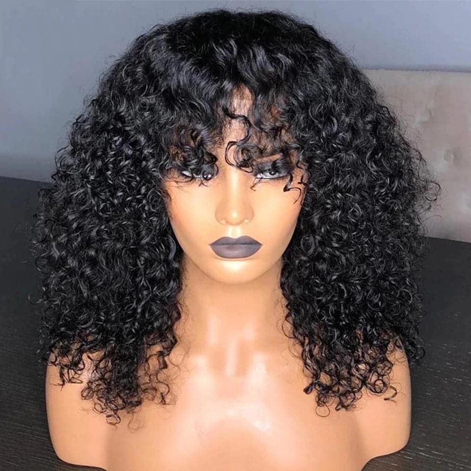 Kinky Curly Full Machine None Lace Wig With Bangs Pre Plucked 8"-24"Inches