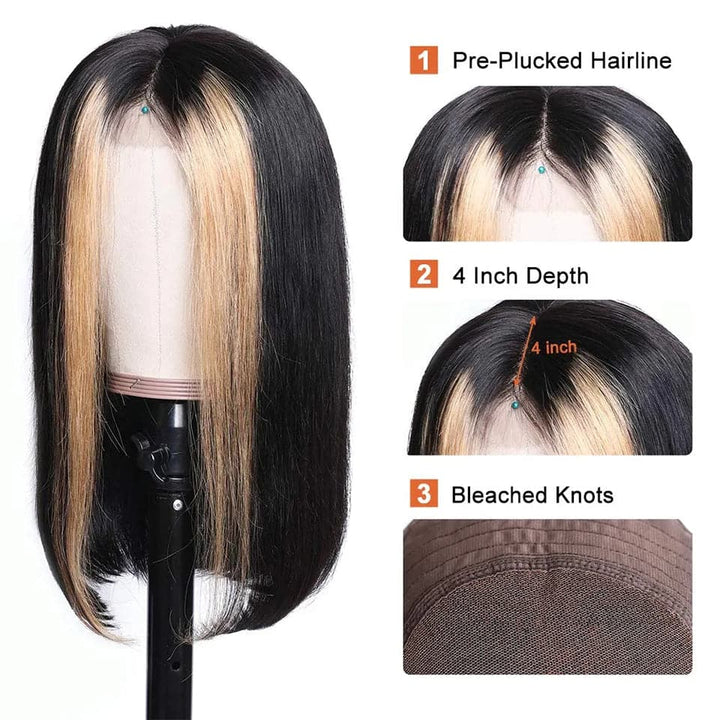Honey Blonde Highlights Straight Short Bob 13x4 Lace Front Wig Natural Hairline