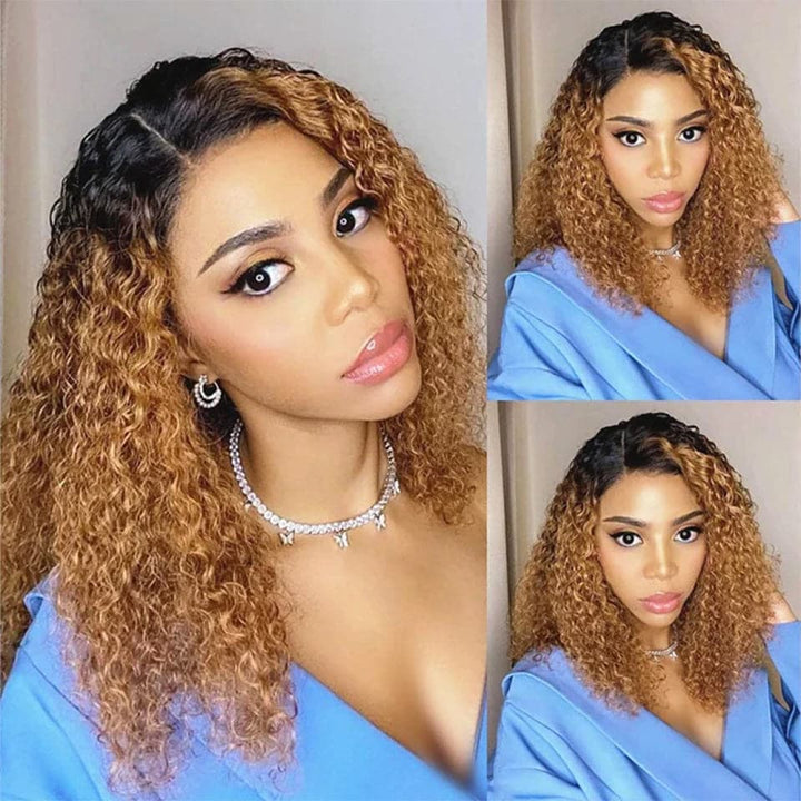 Skunk Stripe T1B/30 Ombre Kinky Curly Transparent Lace Front Human Hair Wig
