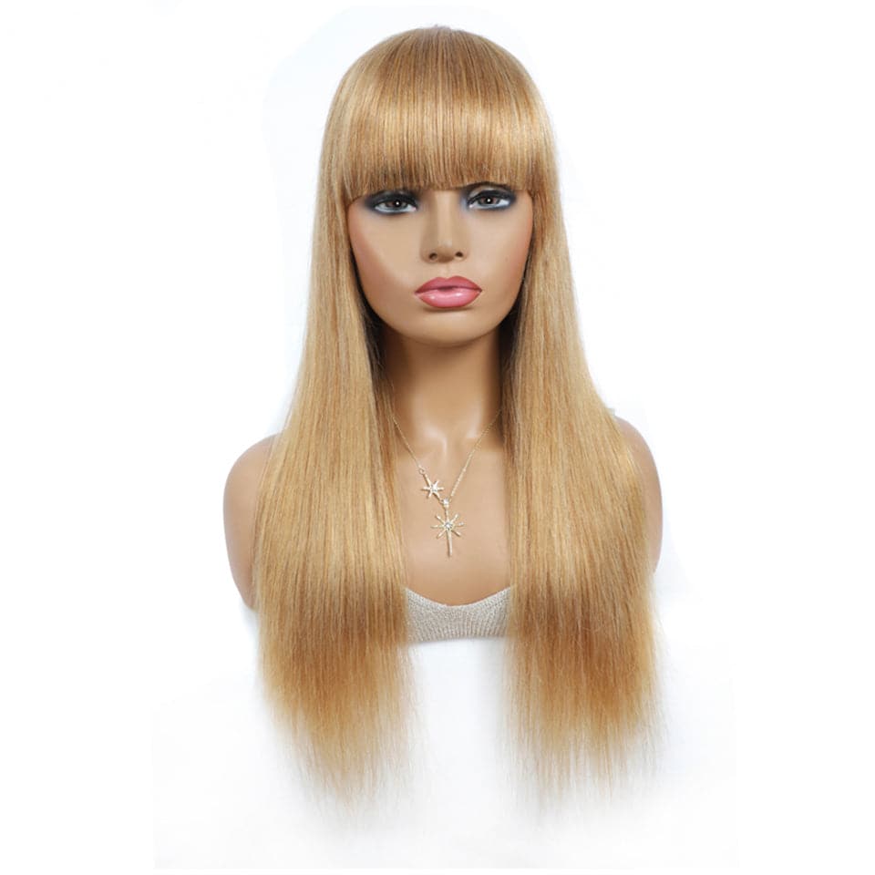 Straight Hair #27 light brown Machine Made None Lace Wig With Bangs 8-24 Inches Virgin Hair