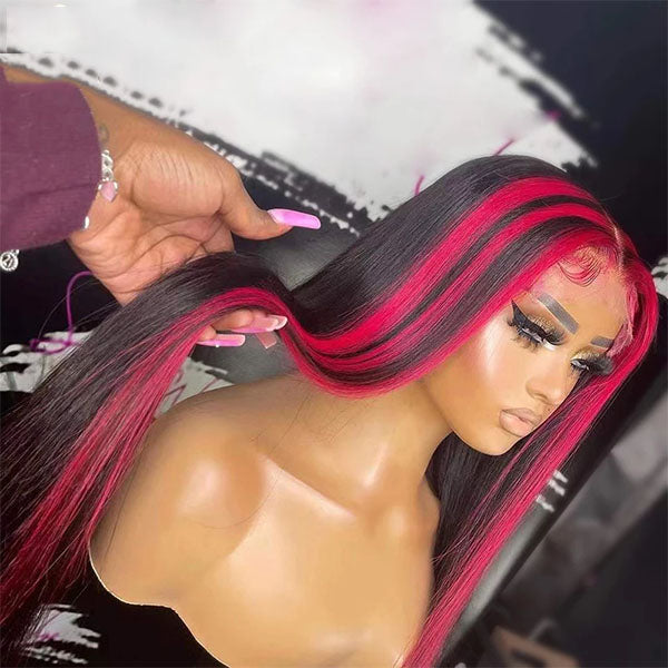 Skunk Stripe Highlight Red and Black Straight Lace Front Wigs For Women PrePlucked Human Hair