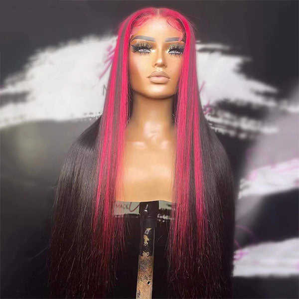 Skunk Stripe Highlight Red and Black Straight Lace Front Wigs For Women PrePlucked Human Hair
