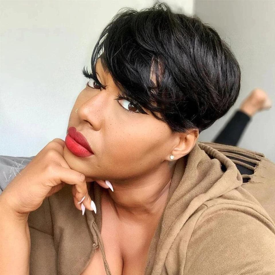 Ship In 24Hours-Lumiere Natural Black Straight Pixie Cut Short Bob Wig With Bangs Full Machine None Lace