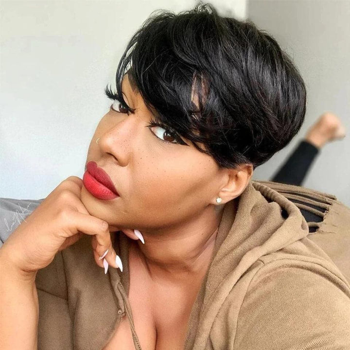 Ship In 24Hours-Lumiere Natural Black Straight Pixie Cut Short Bob Wig With Bangs Full Machine None Lace