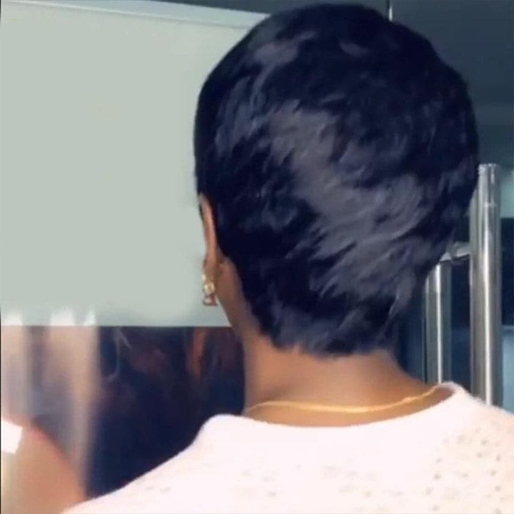 Ship In 24Hours-Lumiere Natural Black Straight Pixie Cut Short Bob Wig With Bangs Full Machine None Lace