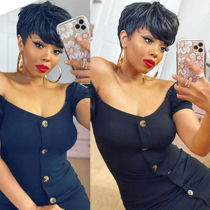 Ship In 24Hours-Lumiere Natural Black Straight Pixie Cut Short Bob Wig With Bangs Full Machine None Lace