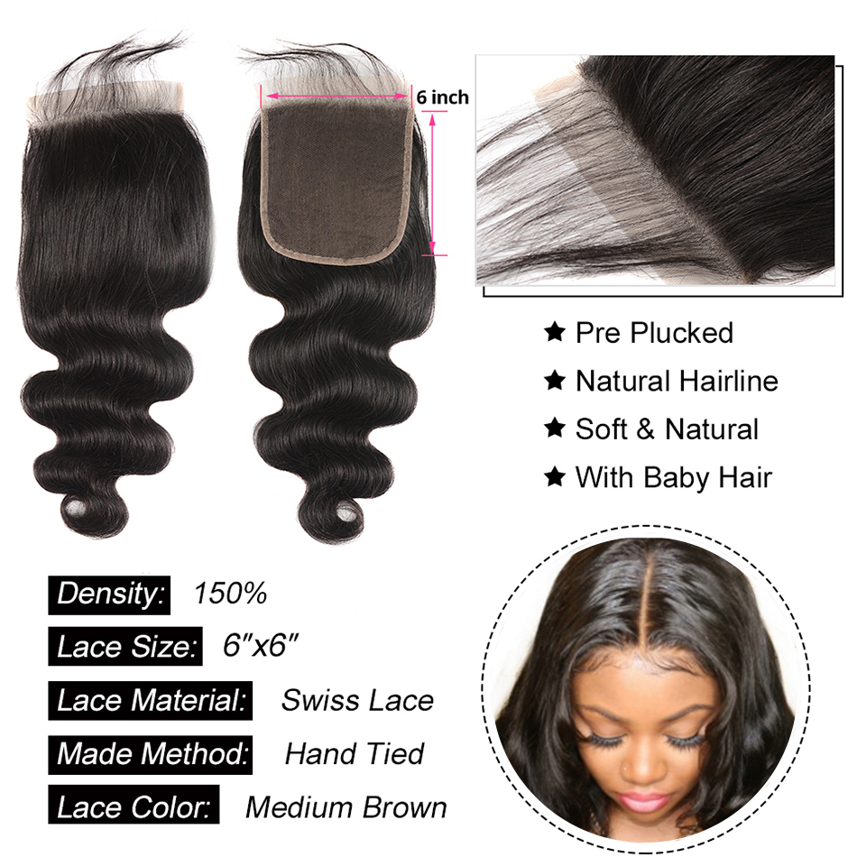 Body Wave 3 faisceaux avec fermeture 5x5 6x6 dentelle 100% cheveux humains vierges