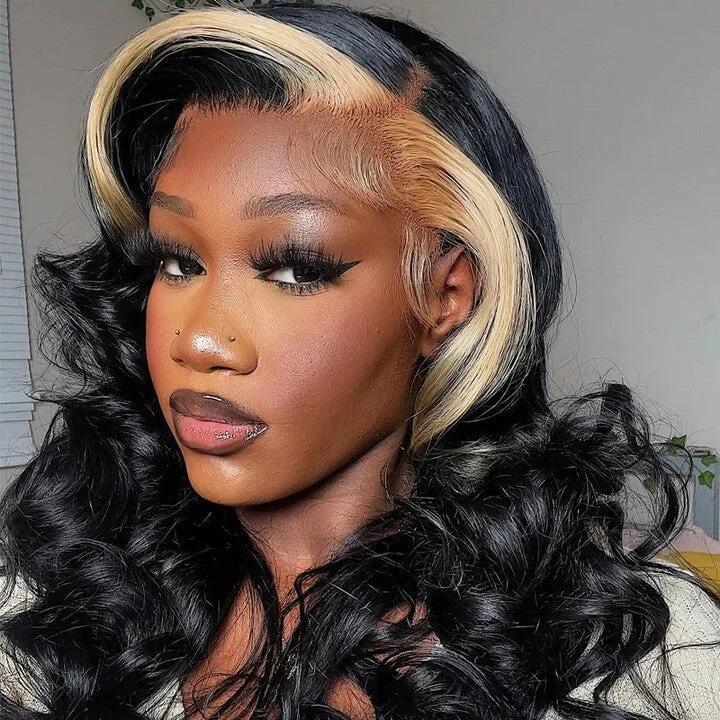 Blonde Skunk Stripe Hair Natural Body Wave Hairstyle 13X4 / 4x4 Lace Wigs For Women