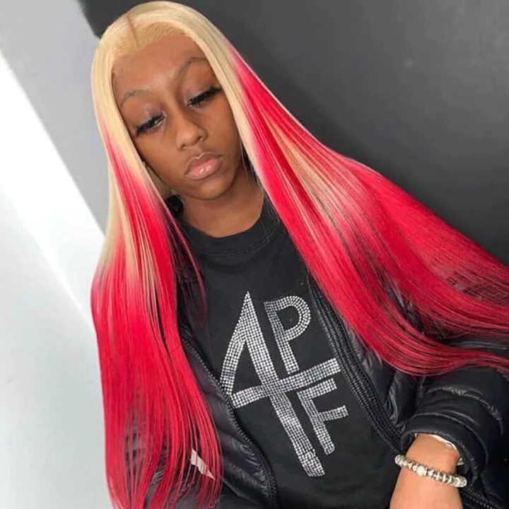 Human Hair Blonde with Red Ombre Color Lace 4x4/13x4 Front Wig
