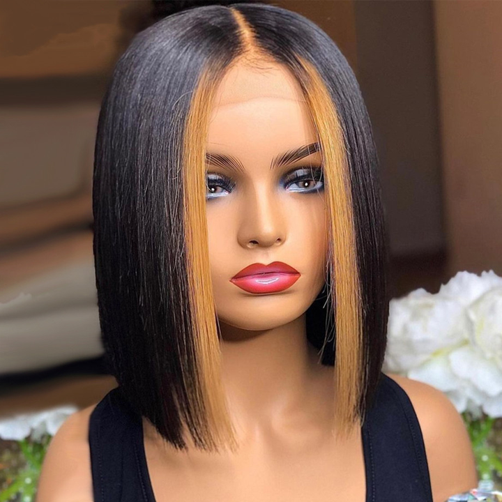 Honey Blonde Highlights Straight Short Bob 13x4 Lace Front Wig Natural Hairline