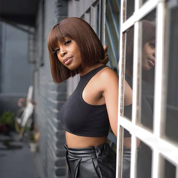 Straight Bob Full Machine made Wigs With Bangs without lace  display picture 1