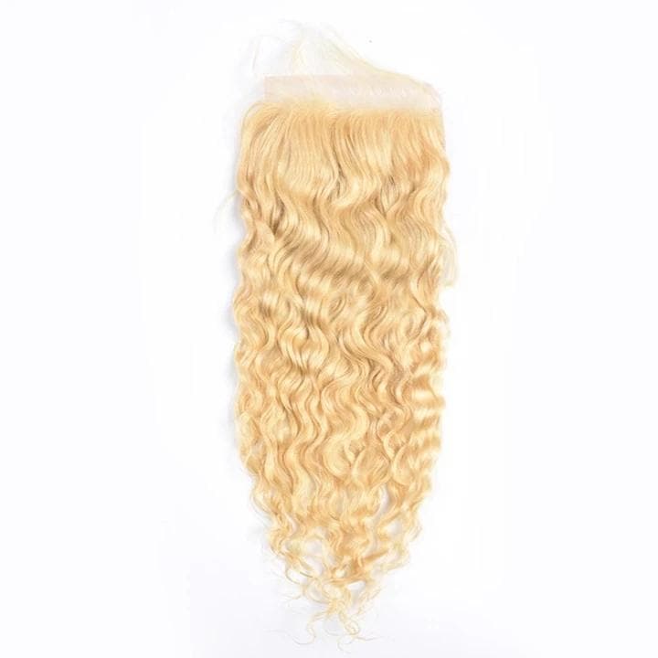 613 Blonde Water Wave 4 Bundles with 4x4 closure with transparent lace