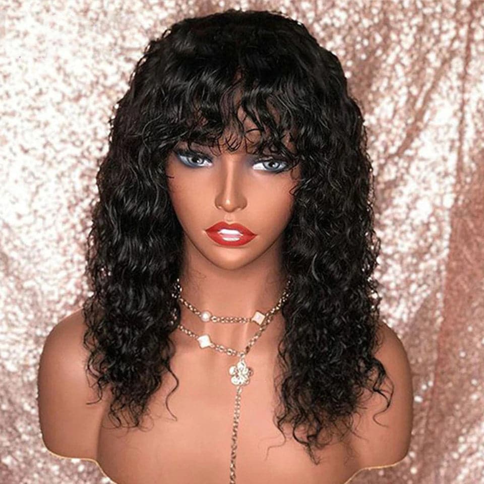 Water Wave Natural Looking Full Machine Made Wigs With Bangs 8-30 inches None Lace
