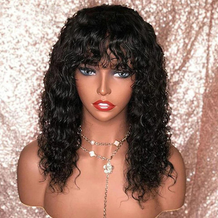 Water Wave Natural Looking Full Machine Made Wigs With Bangs 8-30 inches None Lace