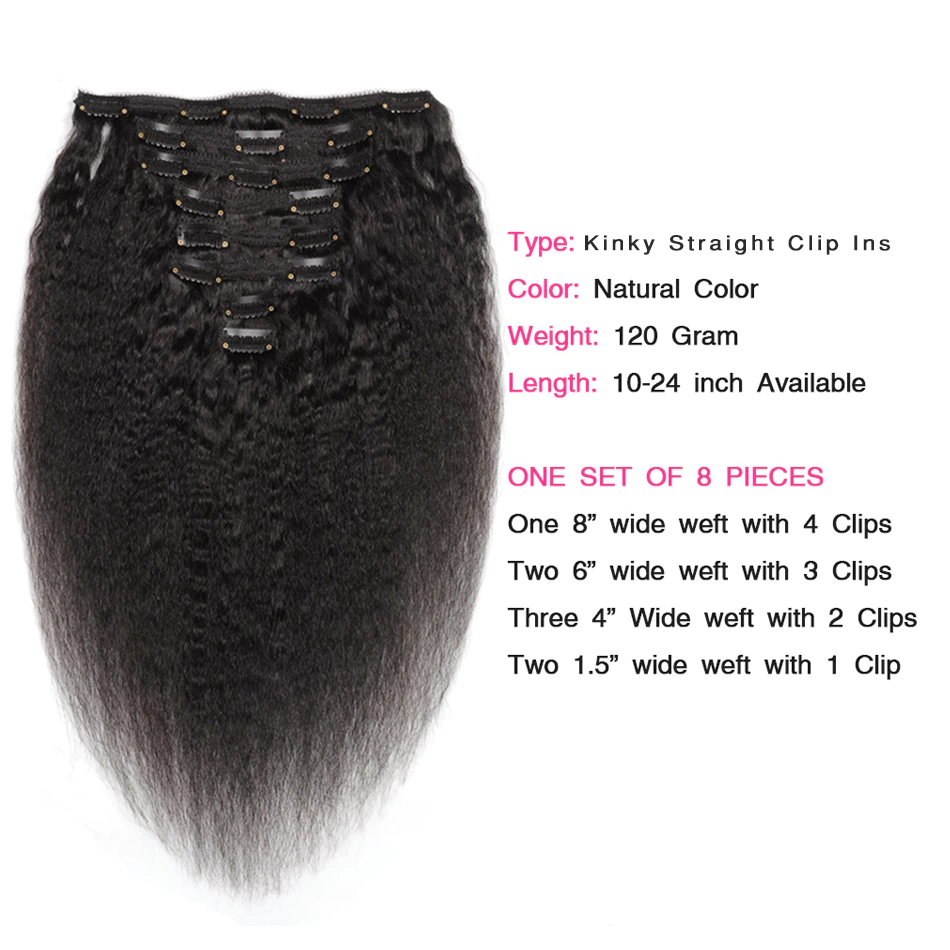 Kinky Straight Clip In Human Hair Extensions 8 Pieces/Set 120G Ship Free