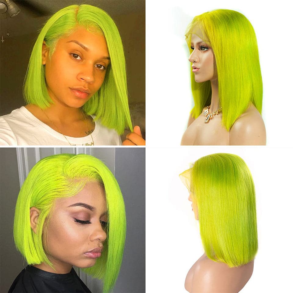 180% Density Fluorescent green Short Bob Lace Front Straight Human Hair Wigs Transparent Lace
