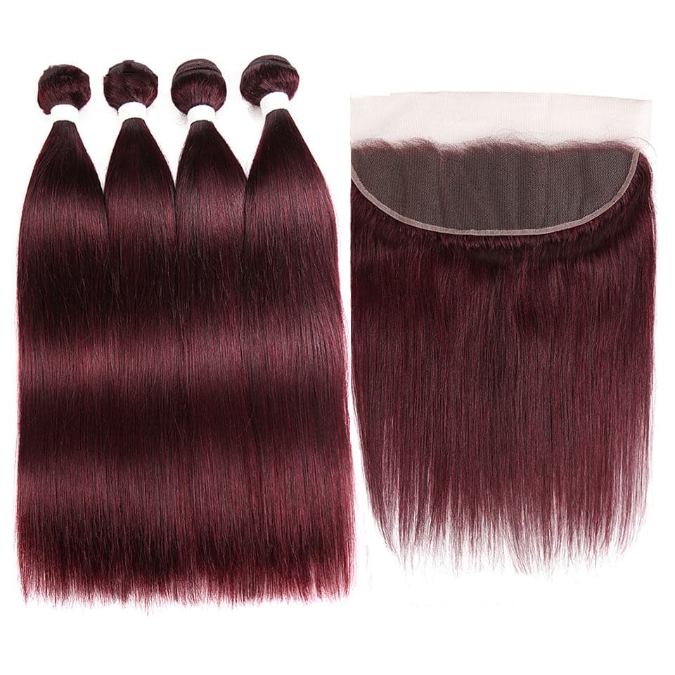 lumiere Red Bundles Color 99j straight hair 4 Bundles With 13x4 Lace Frontal Pre Colored Ear To Ear