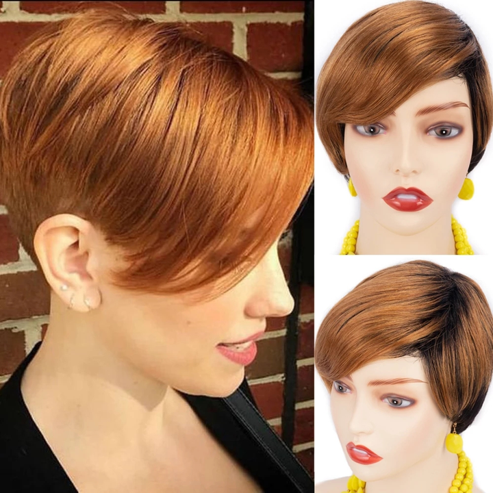 1B/30 13x1 T Lace Side Part Straight Short Pixie Cut Bob Wigs For Women