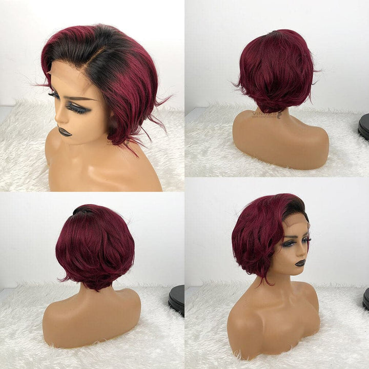 1B/99J 13x1 T Lace Side Part natural wave Short Pixie Cut Bob Wigs For Women
