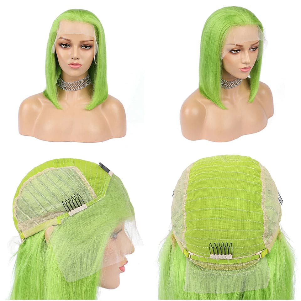 180% Density Fluorescent green Short Bob Lace Front Straight Human Hair Wigs Transparent Lace