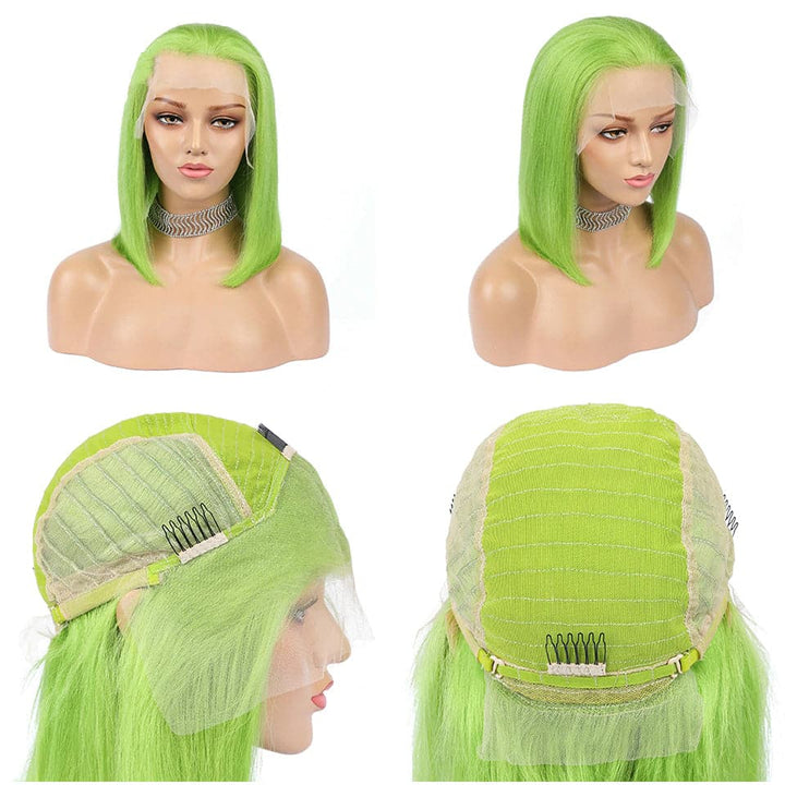 180% Density Fluorescent green Short Bob Lace Front Straight Human Hair Wigs Transparent Lace