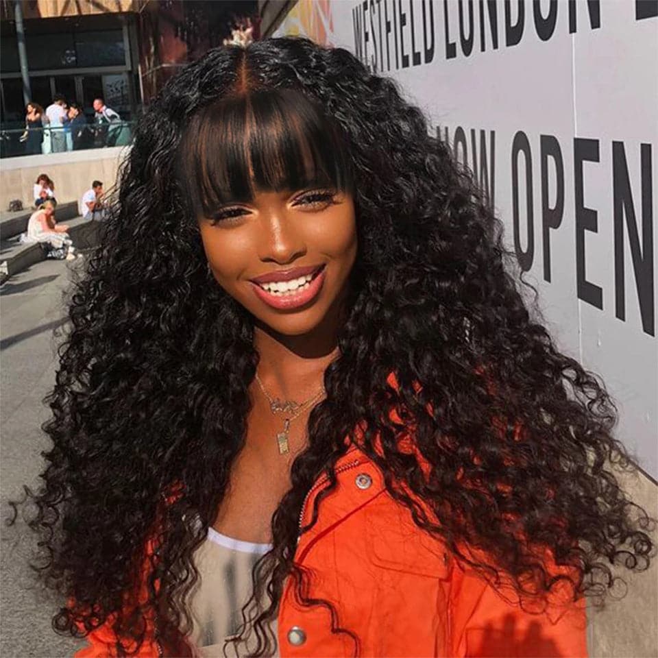 Lumiere Kinky Curly Machine Made None Lace Wig With Bangs Perruques de cheveux humains