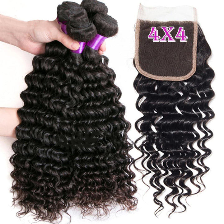 Deep Wave 28 30 40 Inch 4 Bundles with 4x4 closure Brazilian Remy Hair 100% Natural Curly Human Hair Extensions