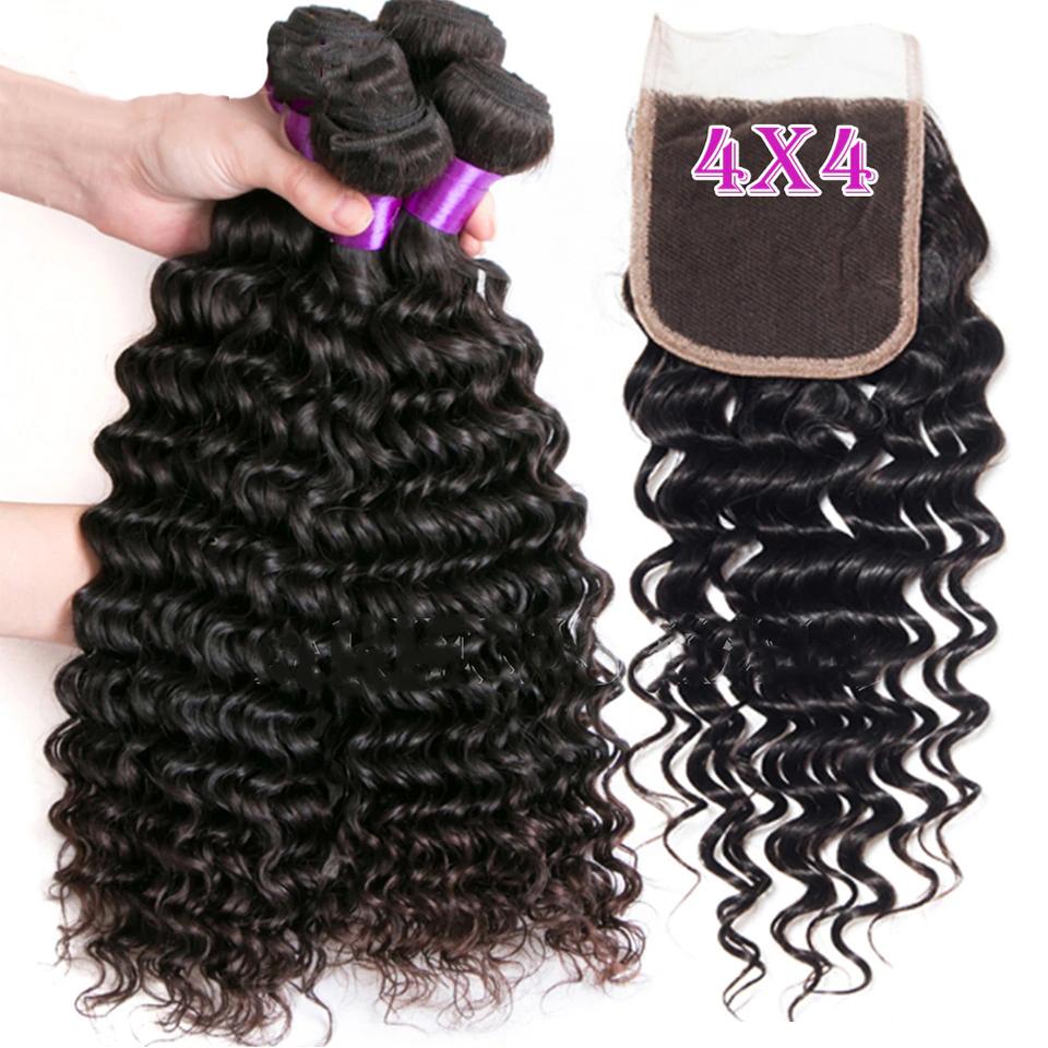 28 30 32 inch Deep Wave 3 Bundles With 4x4 Closure transparent lace Peruvian Remy Human Hair Weaves