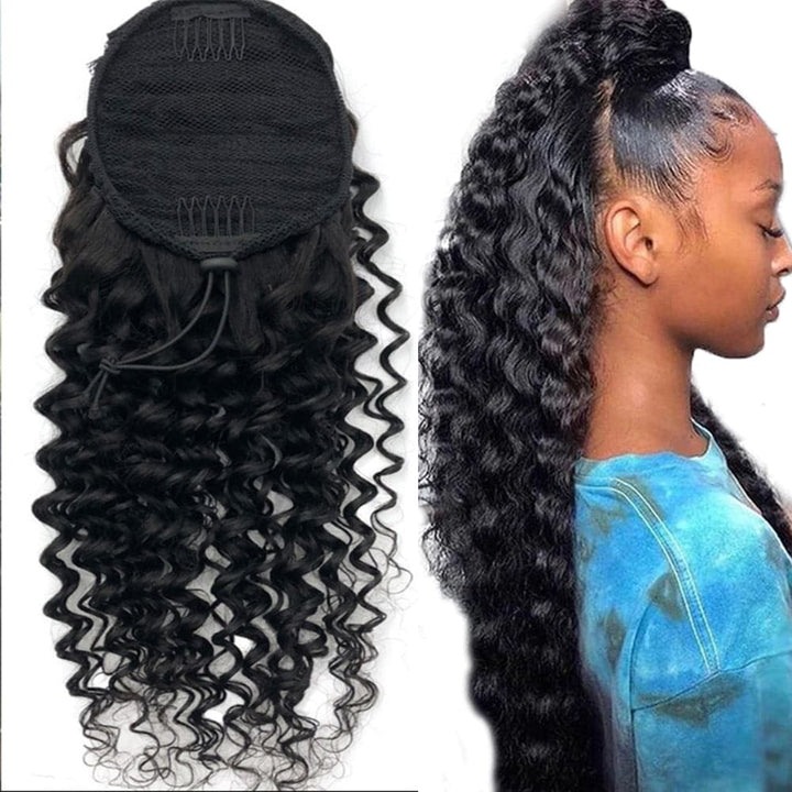 Deep Wave Drawstring Ponytail Hair Extension Human Hair Wet and Wavy