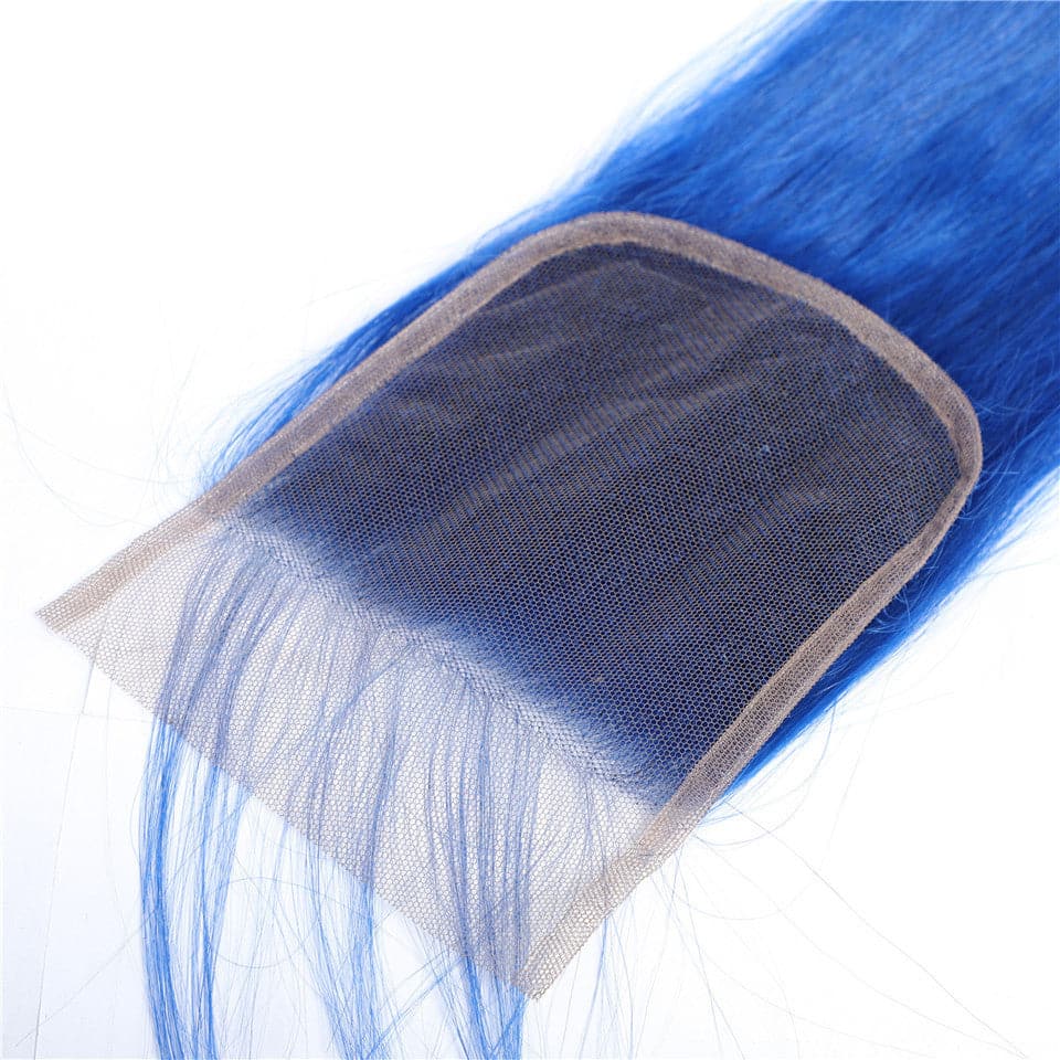 Klein Blue Colored Straight 3 Bundles with 4x4 HD Lace Closure Human Hair Extensions