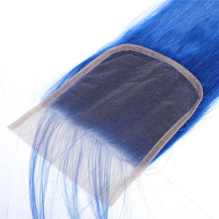 Klein Blue Colored Straight 3 Bundles with 4x4 HD Lace Closure Human Hair Extensions