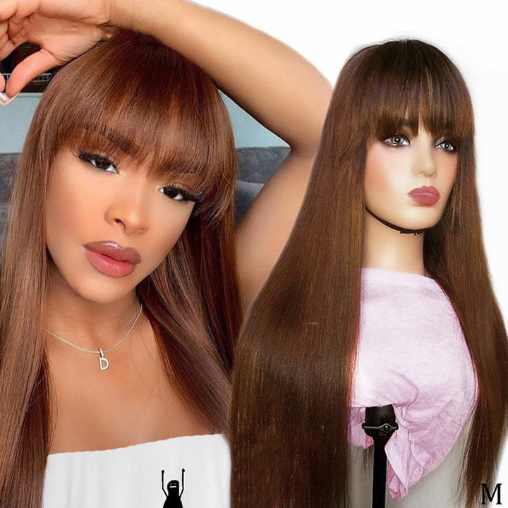 Chocolate Brown Straight Full Machine Made None Lace Wig With Bangs Human Hair