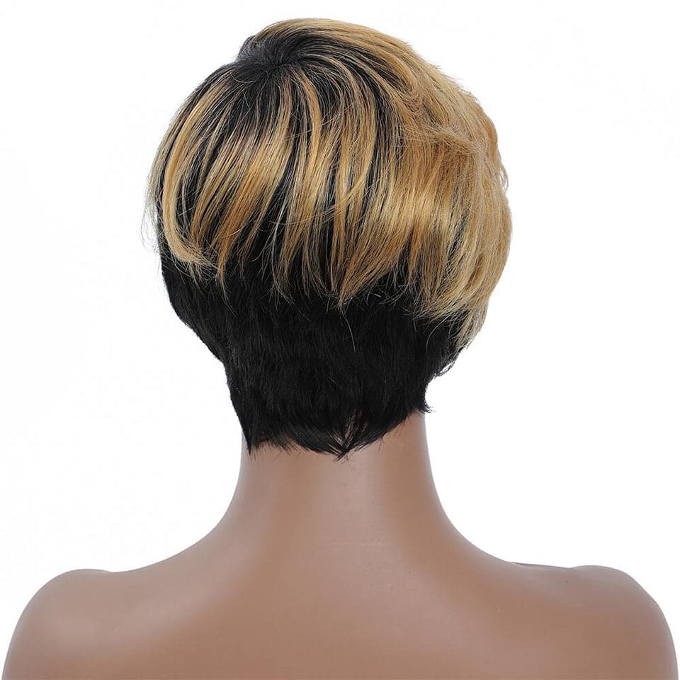#1B/27 Short Pixie Cut Straight Bob With Bangs Full Machine None Lace Human Hair Wig