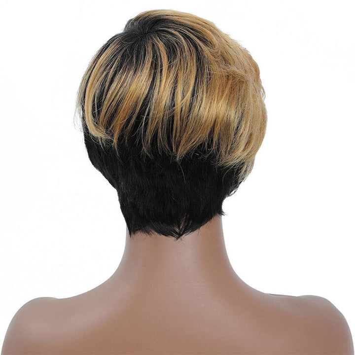 #1B/27 Short Pixie Cut Straight Bob With Bangs Full Machine None Lace Human Hair Wig