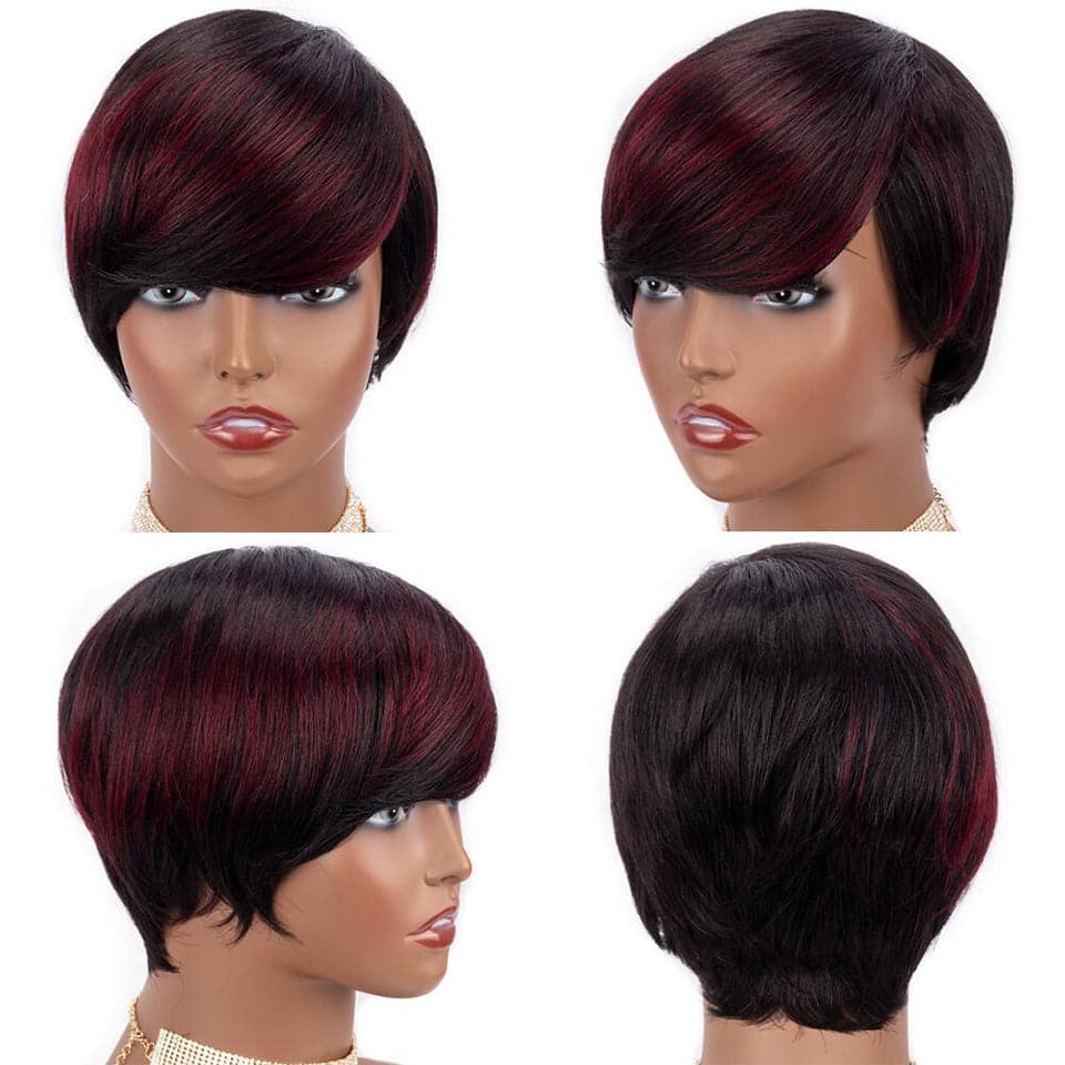 Ship In 24Hours-Lumiere Lumiere #1B/99J Short Pixie Cut Straight Bob With Bangs Full Machine None Lace Human Hair Wig