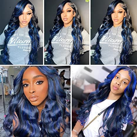 Skunk Stripe Highlight Blue Body Wave 13x4/4x4 HD Lace Front Human Hair Wigs For Women