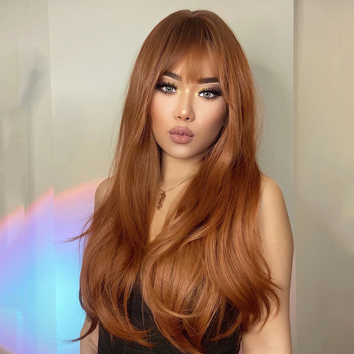 Straight Hair #30 Brown Machine Made None Lace Front Wig With Bangs Virgin Human Hair Wigs