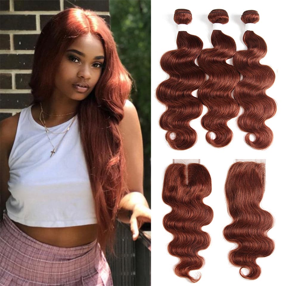 color #33 body wave 3 Bundles With Closure 4x4 pre Colored 100% virgin human hair(No Code Need)