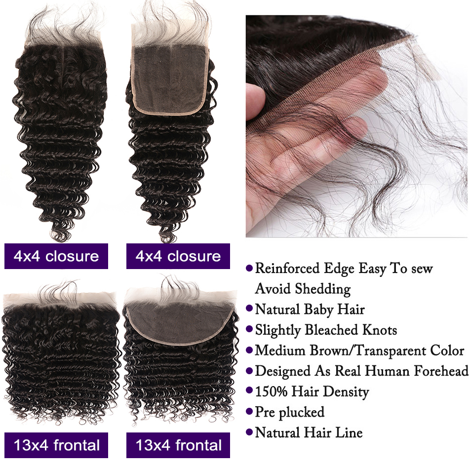 Deep Wave 100% Human Hair 4 Bundles With Frontal Brazilian Hair Weave 13x4 Transparent Lace