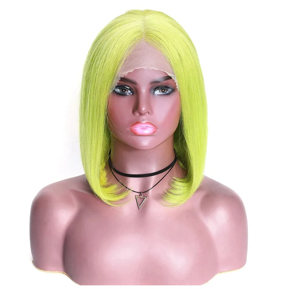 180% Density Fluorescent green Short Bob Lace Front Straight Human Hair Wigs Transparent Lace