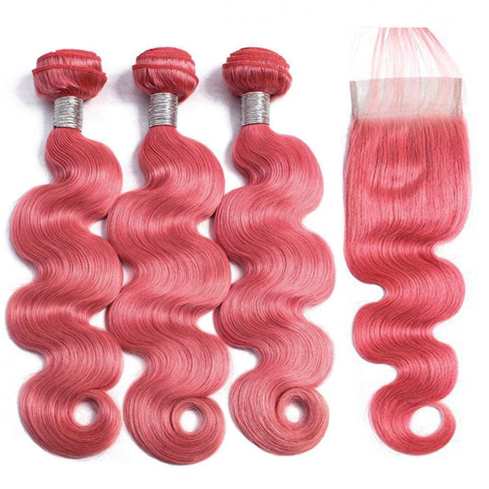 Light Pink Color Body Wave 3 Bundles with 4x4 HD Lace Closure Human Hair Extensions