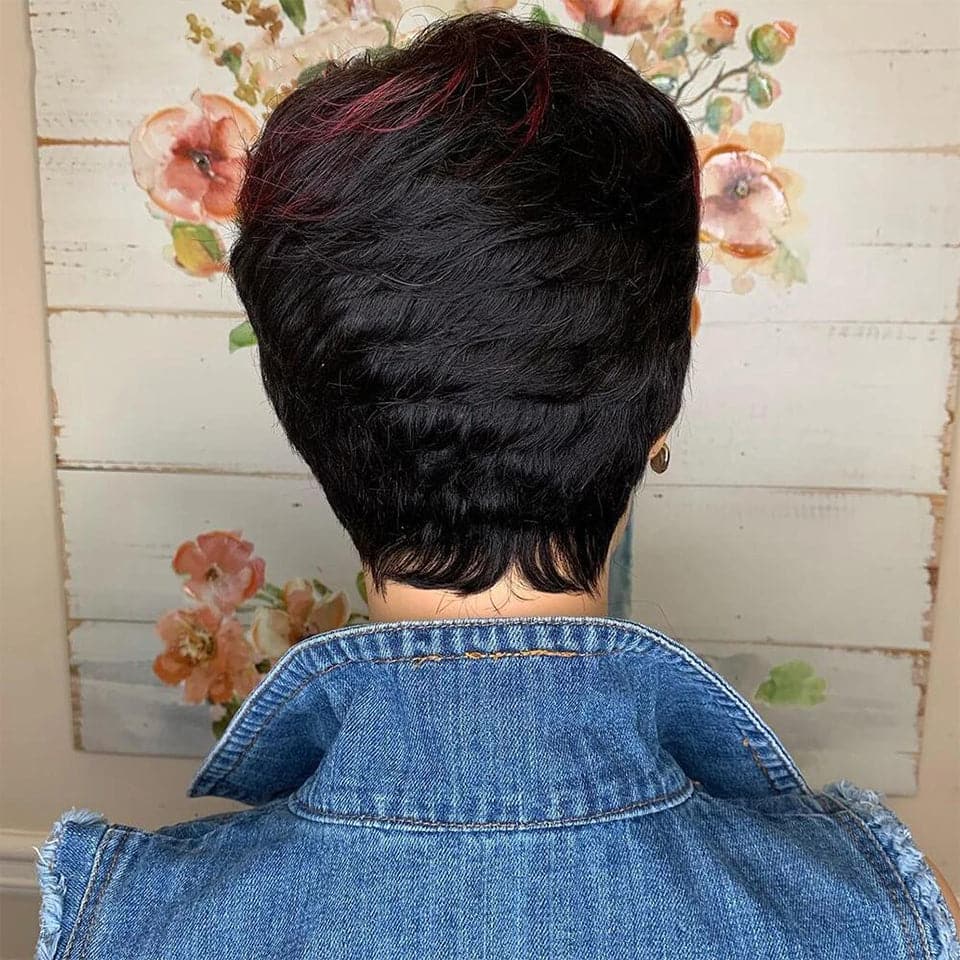Ship In 24Hours-Lumiere Lumiere #1B/99J Short Pixie Cut Straight Bob With Bangs Full Machine None Lace Human Hair Wig