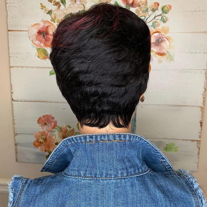 Ship In 24Hours-Lumiere Lumiere #1B/99J Short Pixie Cut Straight Bob With Bangs Full Machine None Lace Human Hair Wig
