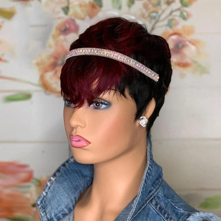 Ship In 24Hours-Lumiere Lumiere #1B/99J Short Pixie Cut Straight Bob With Bangs Full Machine None Lace Human Hair Wig