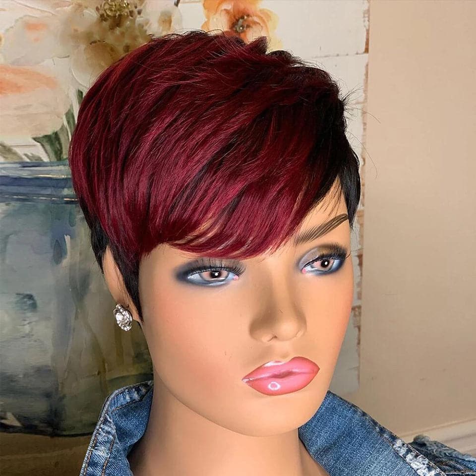 Lumiere #1B/Bug Short Pixie Cut Straight Bob With Bangs Full Machine No Lace Human Hair Wig