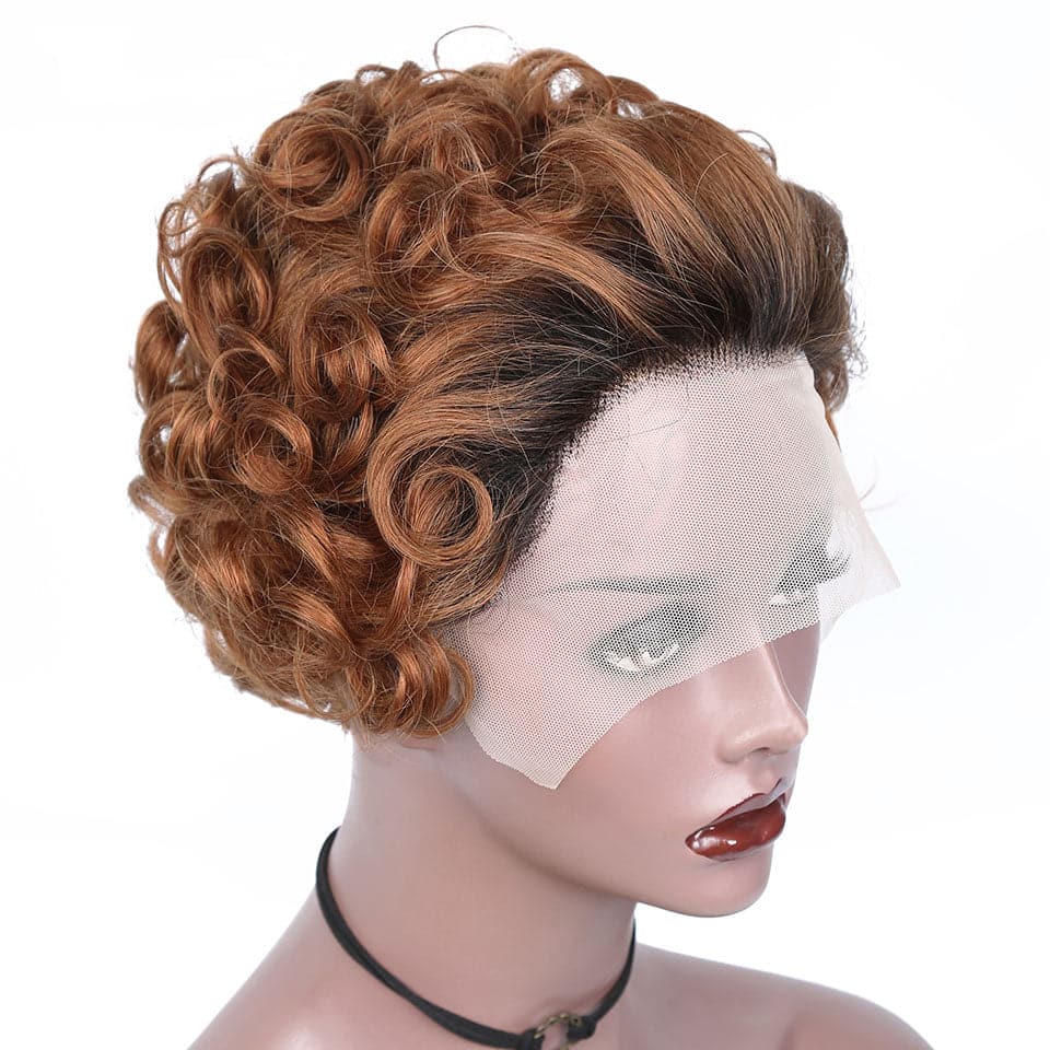 1B/30 13x1 Lace Loose Curly Short Pixie Cut Bob Perruques Pour Femmes