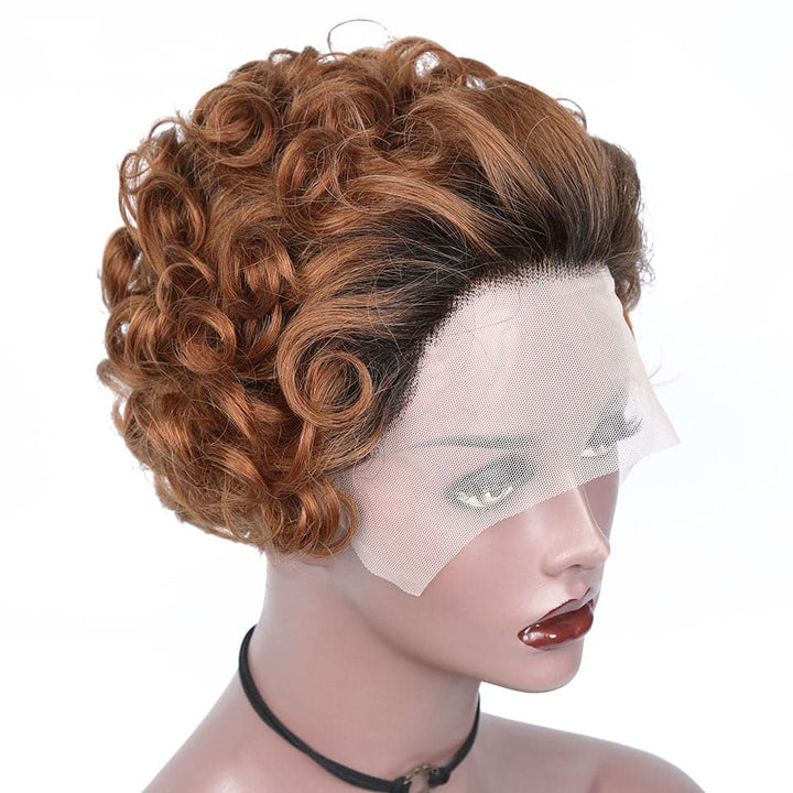 1B/30 13x1 Lace Loose Curly Short Pixie Cut Bob Perruques Pour Femmes
