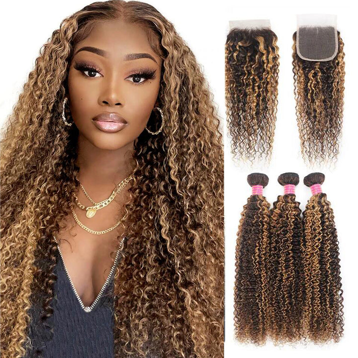 P4/27 Highlight Kinky Curly 3 Bundles With 4X4 Lace Closure