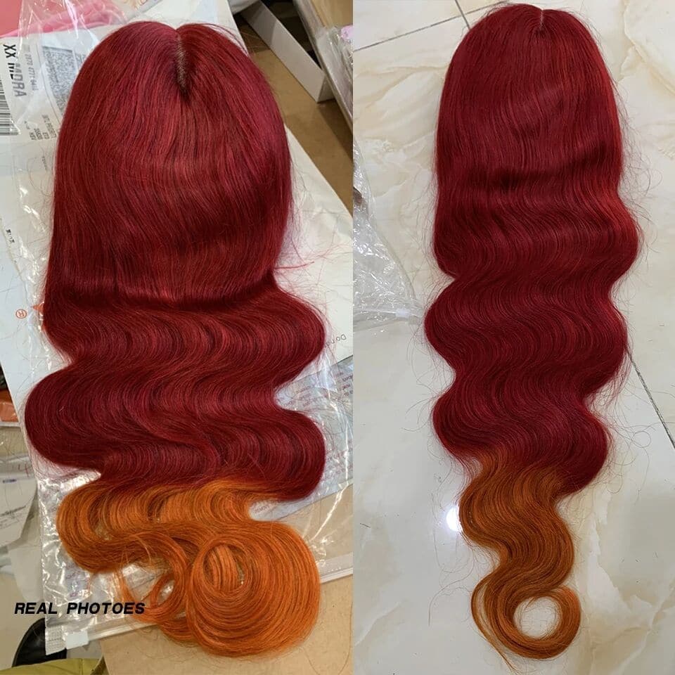 Red & Orange Skunk Stripe Ombre Body Wave 4x4 / 13x4 Lace Frontal Human Hair Wigs 150%/180%