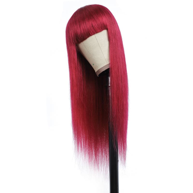 BURG Straight Hair Full Machine Made None Lace Front Wigs With Bangs